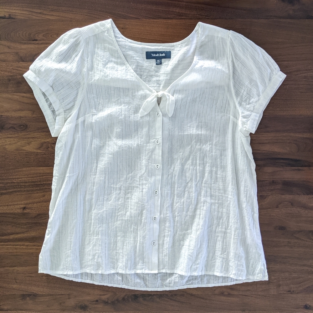 ModCloth White Retro Tie Button Up Top